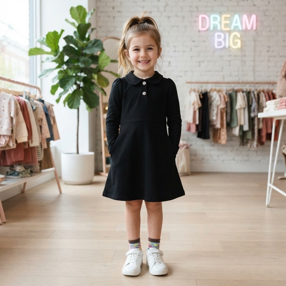 Zara Peter Pan Collar Dress Kids Size 6 Black Excellent Rhinestone Button Detail